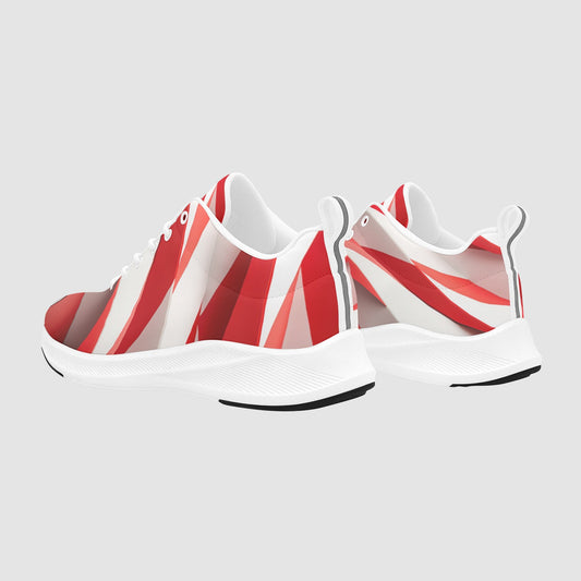 Women’s Red and White Abstract Geometric Suede Running Sneakers