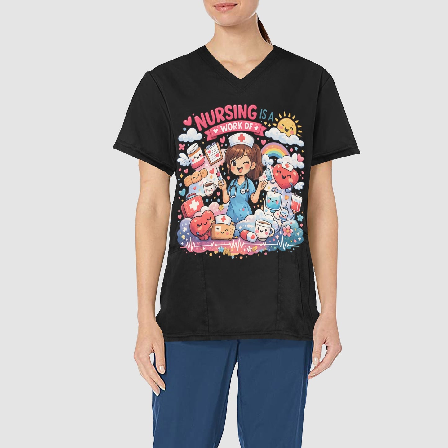 Women's Nursing is a Work of Heart Professional Black Scrub Top