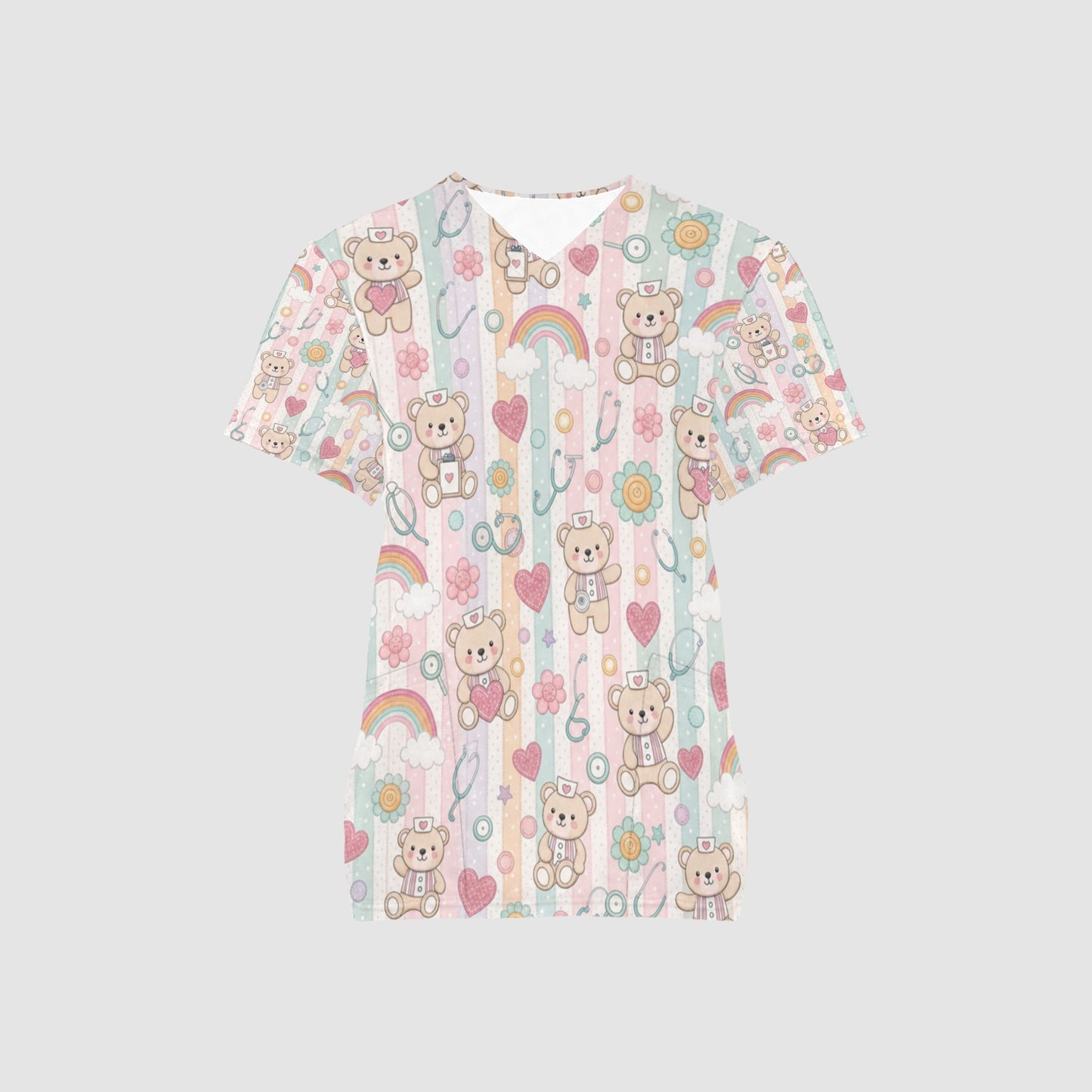 Women's Teddy Bear Pediatric Nursing All Over Print Scrub Top