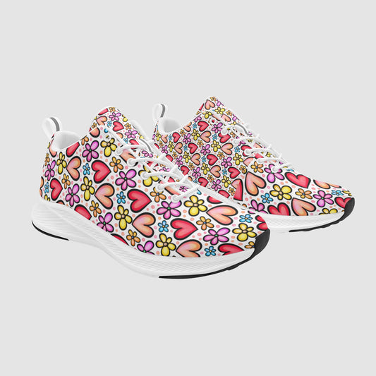 Women's Peach Red Floral Heart Print Suede Breathable Running Shoes